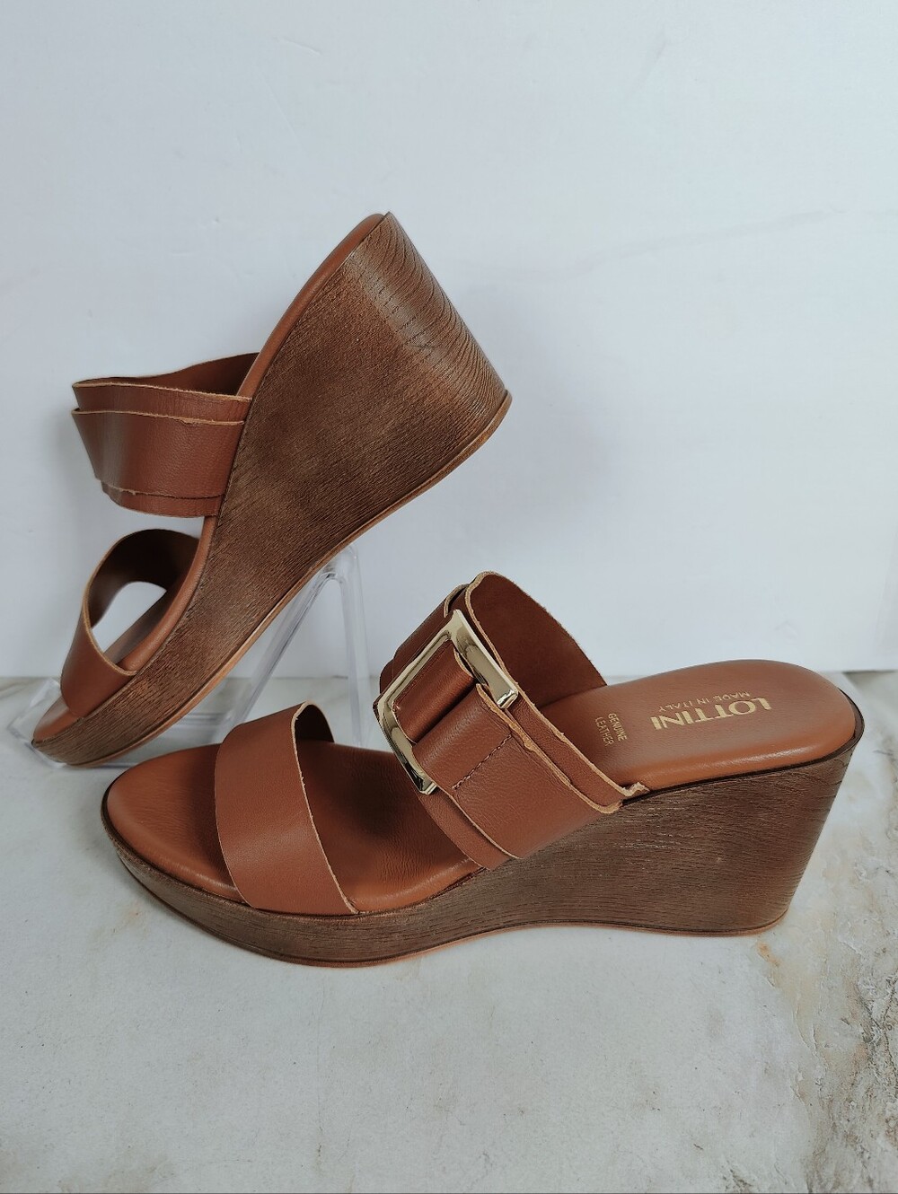 Lottini Italy Brown Leather Double Strap Wedge Heels Slides Sandals, 9